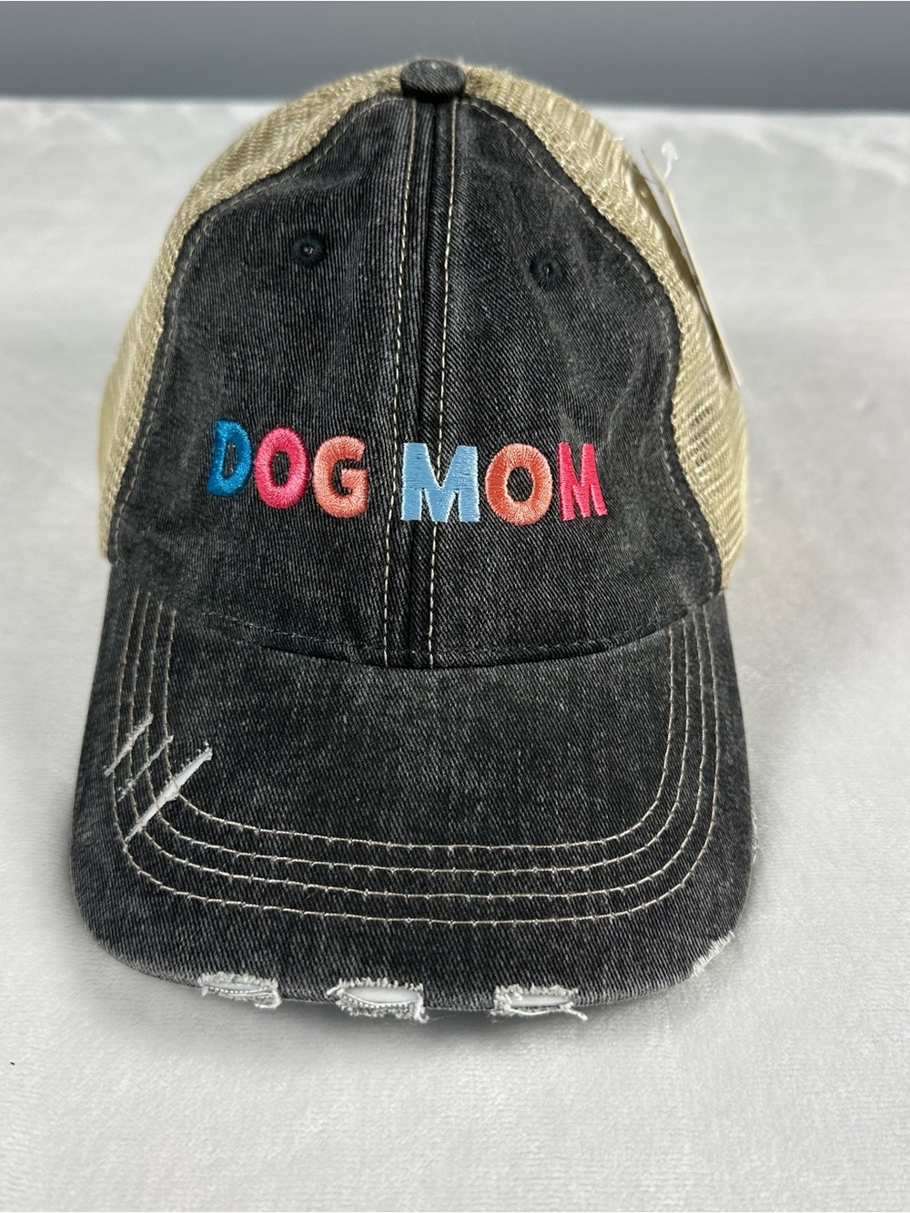 Katydid 'DOG MOM' Embroidered Trucker Hat in Black and Tan